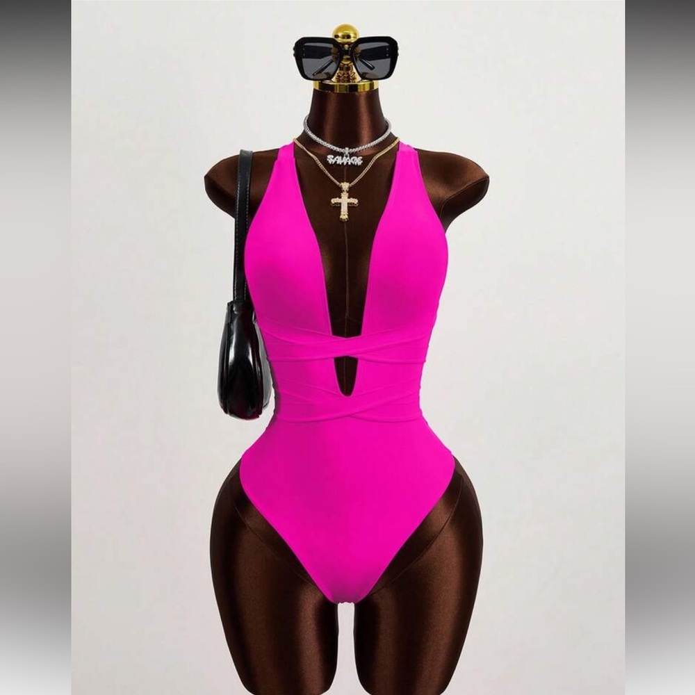Hot Pink One-Piece Plunge Swimsuit
